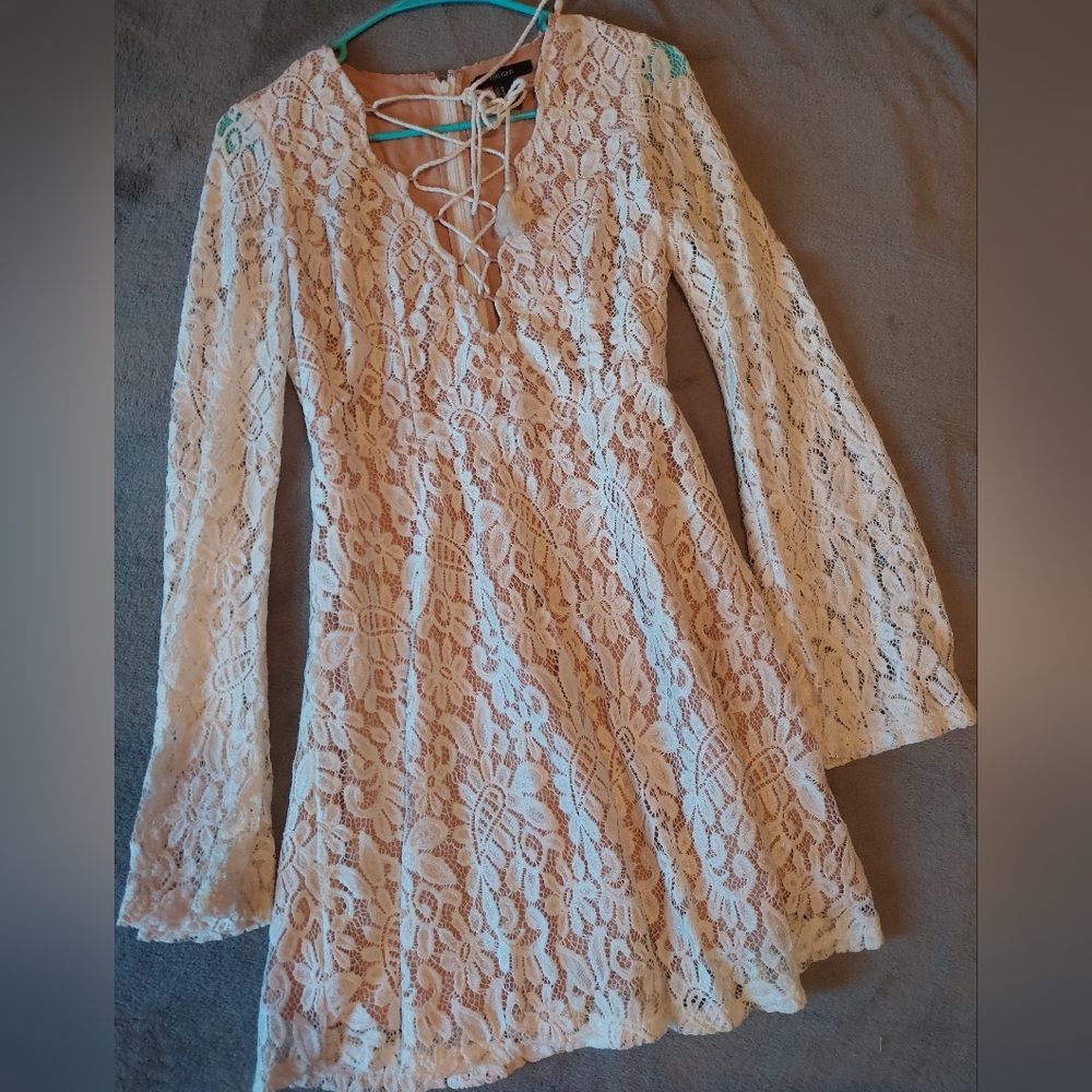 White lace long sleeve tie front dress